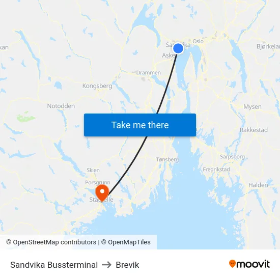 Sandvika Bussterminal to Brevik map