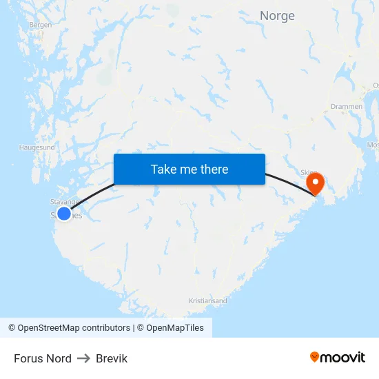Forus Nord to Brevik map