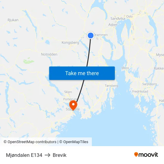 Mjøndalen E134 to Brevik map