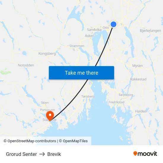 Grorud Senter to Brevik map