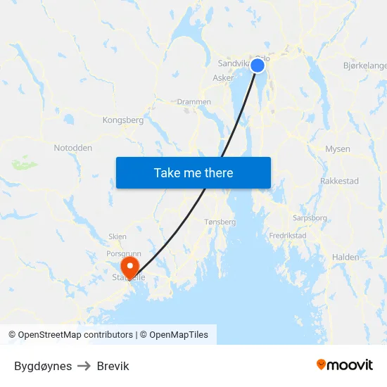 Bygdøynes to Brevik map