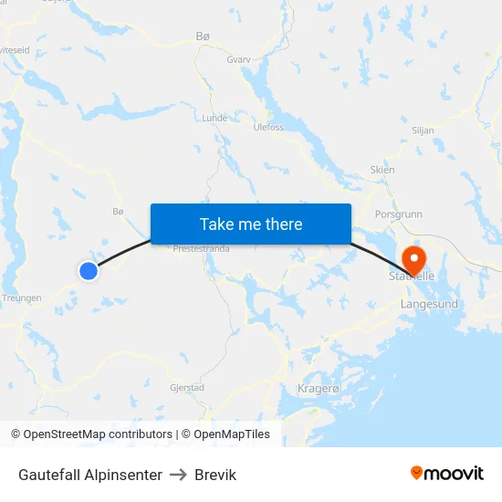 Gautefall Alpinsenter to Brevik map