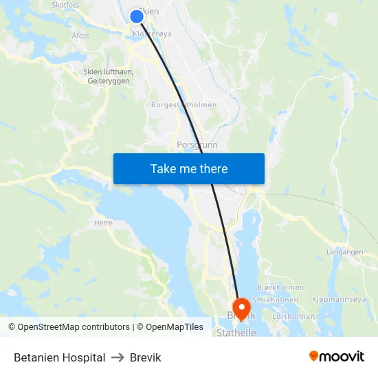 Betanien Hospital to Brevik map