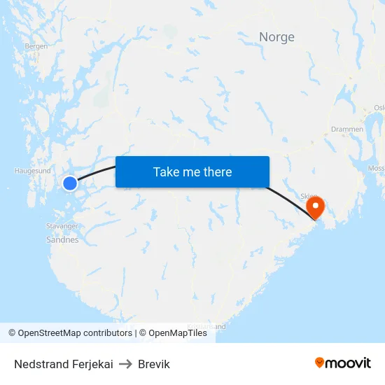 Nedstrand Ferjekai to Brevik map