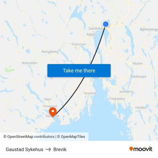 Gaustad Sykehus to Brevik map