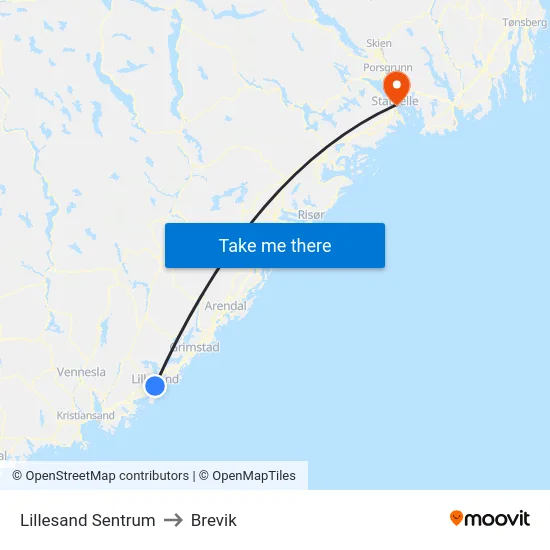 Lillesand Sentrum to Brevik map