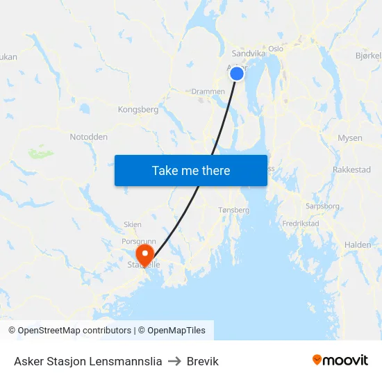 Asker Stasjon Lensmannslia to Brevik map