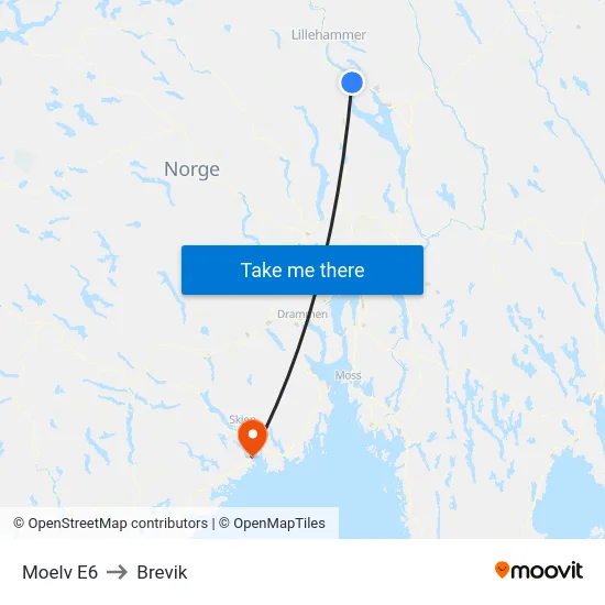 Moelv E6 to Brevik map