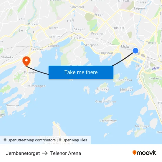 Jernbanetorget to Telenor Arena map