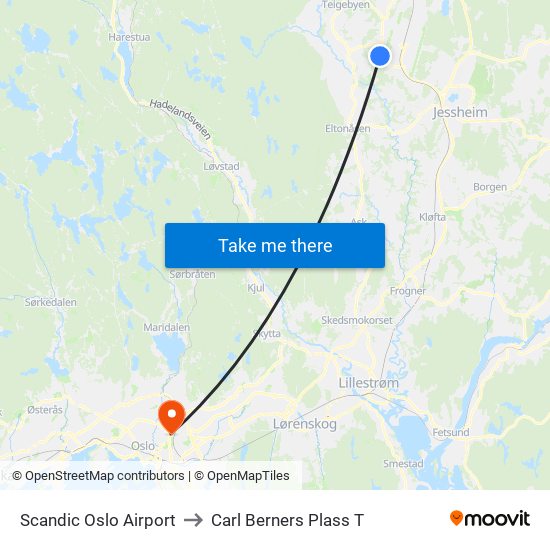 Scandic Oslo Airport to Carl Berners Plass T map