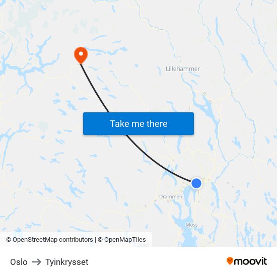 Oslo to Tyinkrysset map