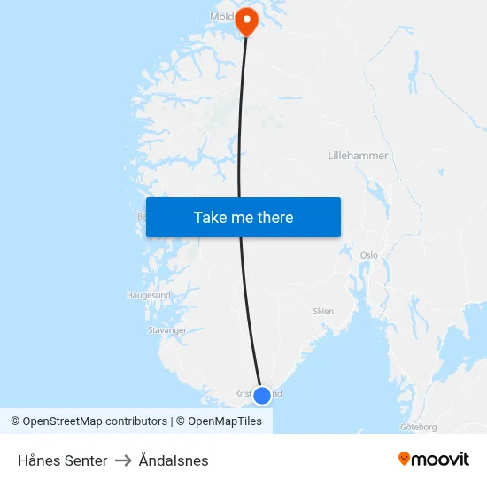 Hånes Senter to Åndalsnes map