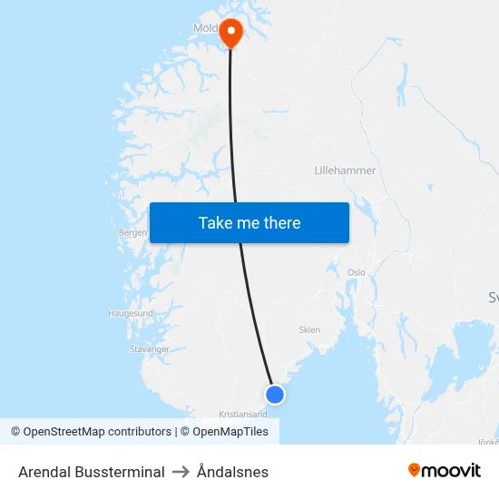 Arendal Bussterminal to Åndalsnes map