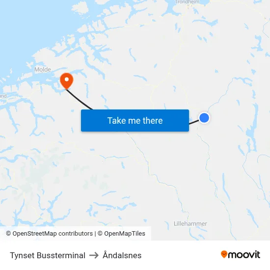 Tynset Bussterminal to Åndalsnes map