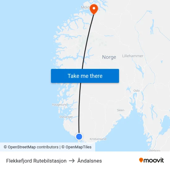 Flekkefjord Rutebilstasjon to Åndalsnes map