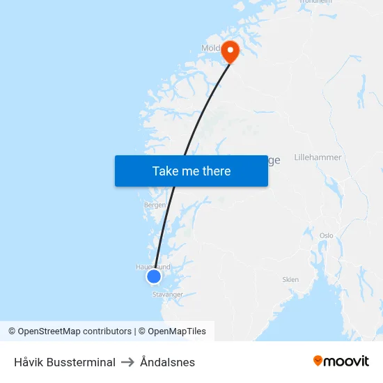 Håvik Bussterminal to Åndalsnes map