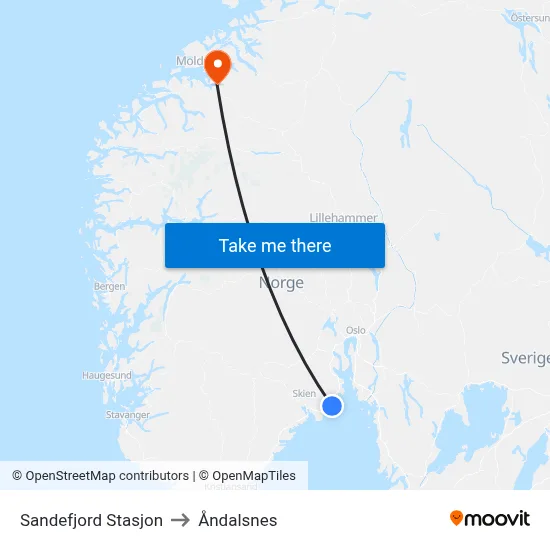 Sandefjord Stasjon to Åndalsnes map