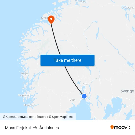 Moss Ferjekai to Åndalsnes map