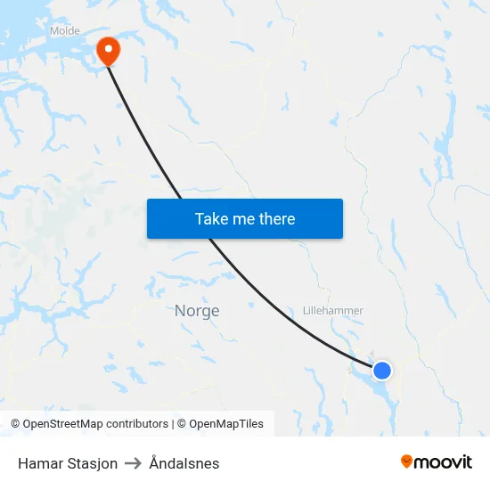 Hamar Stasjon to Åndalsnes map