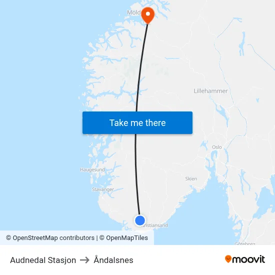 Audnedal Stasjon to Åndalsnes map