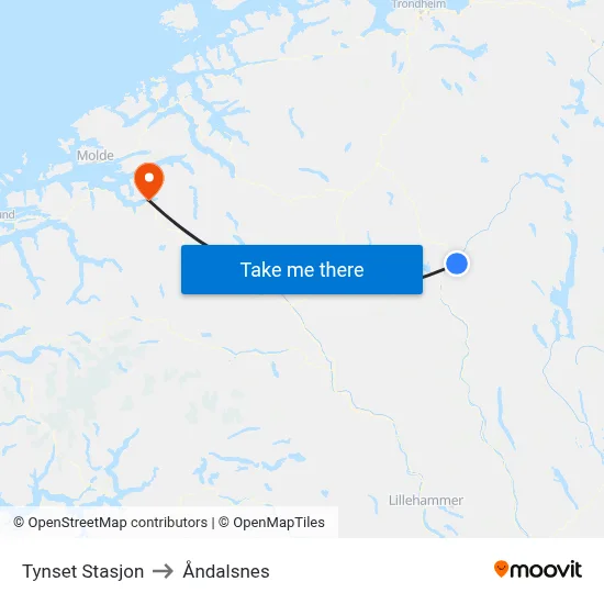 Tynset Stasjon to Åndalsnes map