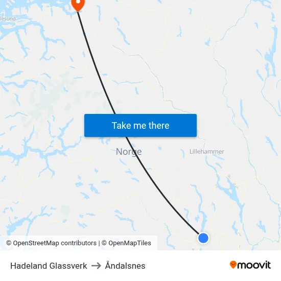 Hadeland Glassverk to Åndalsnes map