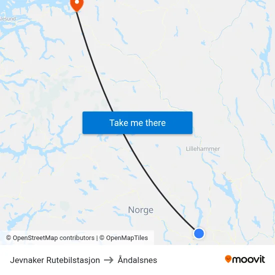 Jevnaker Rutebilstasjon to Åndalsnes map