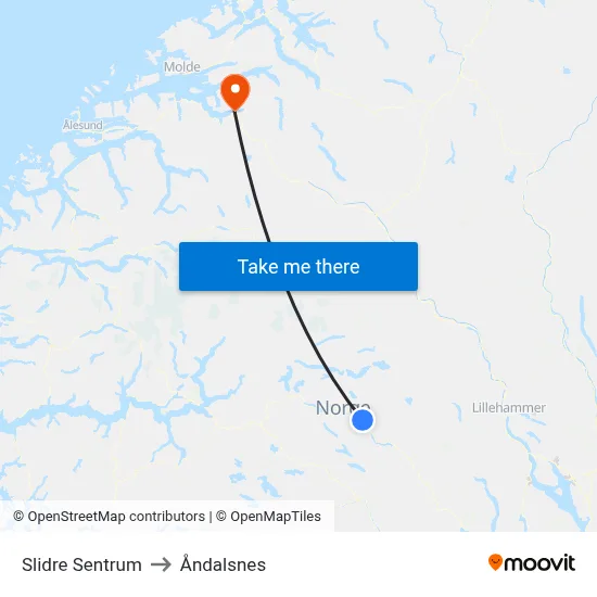Slidre Sentrum to Åndalsnes map