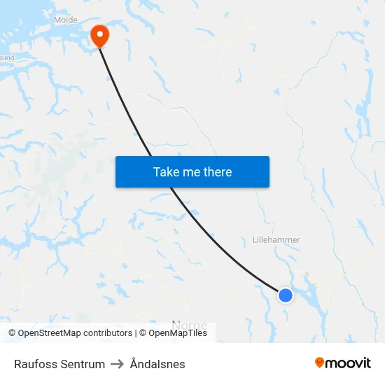 Raufoss Sentrum to Åndalsnes map