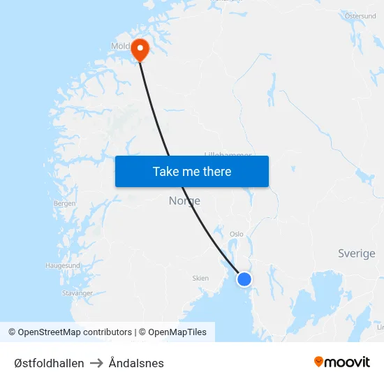 Østfoldhallen to Åndalsnes map