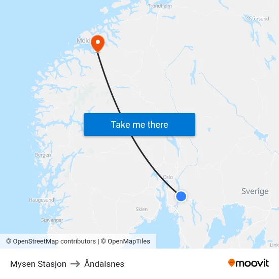 Mysen Stasjon to Åndalsnes map