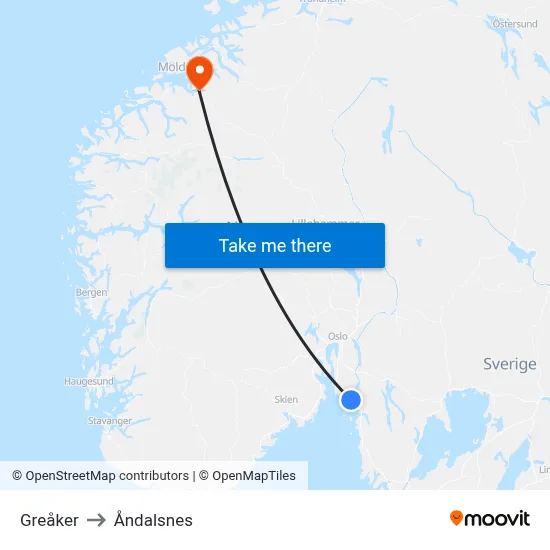 Greåker to Åndalsnes map