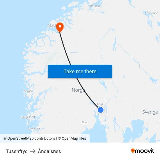 Tusenfryd to Åndalsnes map