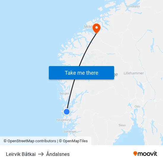 Leirvik Båtkai to Åndalsnes map