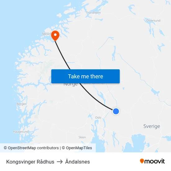 Kongsvinger Rådhus to Åndalsnes map