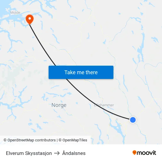 Elverum Skysstasjon to Åndalsnes map