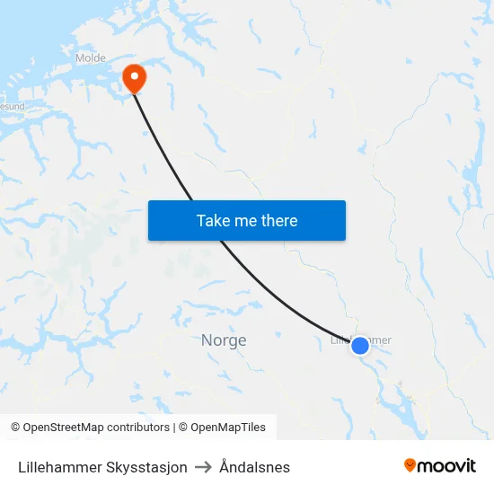 Lillehammer Skysstasjon to Åndalsnes map