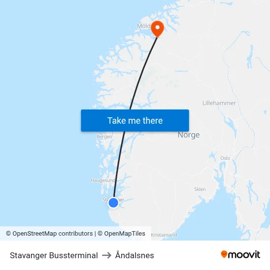 Stavanger Bussterminal to Åndalsnes map