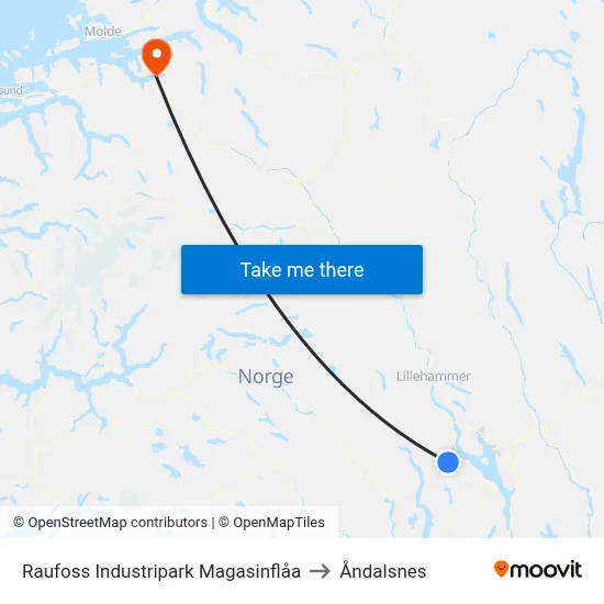 Raufoss Industripark Magasinflåa to Åndalsnes map