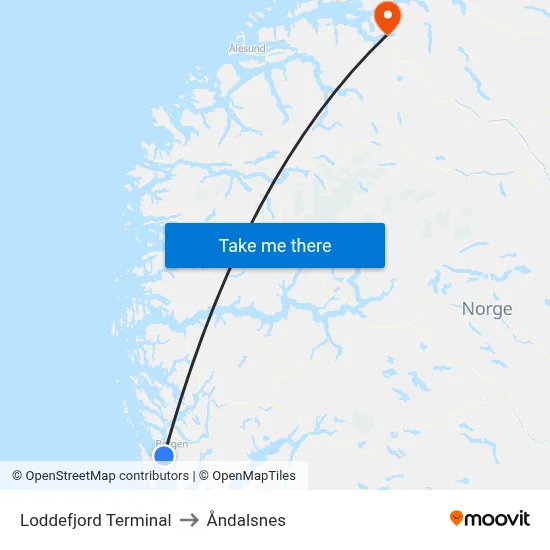 Loddefjord Terminal to Åndalsnes map