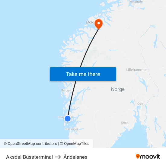 Aksdal Bussterminal to Åndalsnes map
