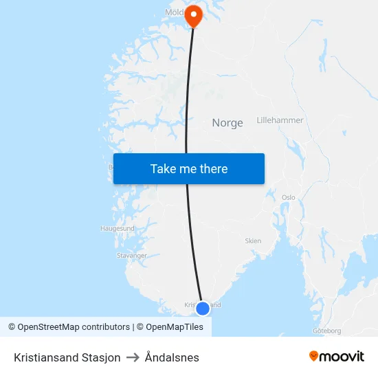 Kristiansand Stasjon to Åndalsnes map