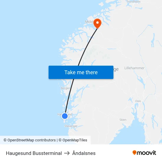 Haugesund Bussterminal to Åndalsnes map