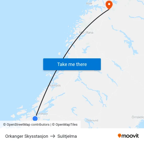 Orkanger Skysstasjon to Sulitjelma map