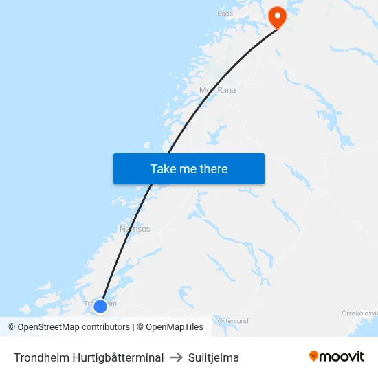 Trondheim Hurtigbåtterminal to Sulitjelma map