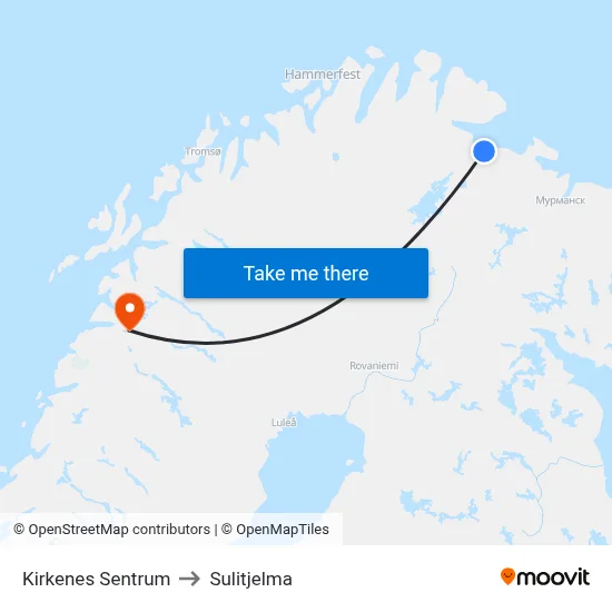Kirkenes Sentrum to Sulitjelma map