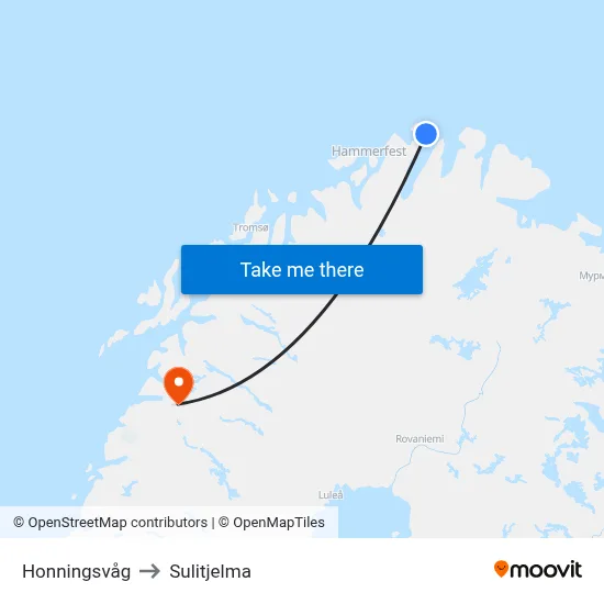 Honningsvåg to Sulitjelma map