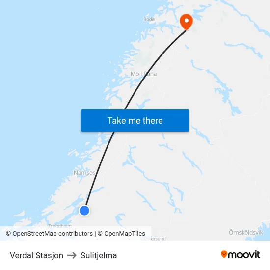 Verdal Stasjon to Sulitjelma map