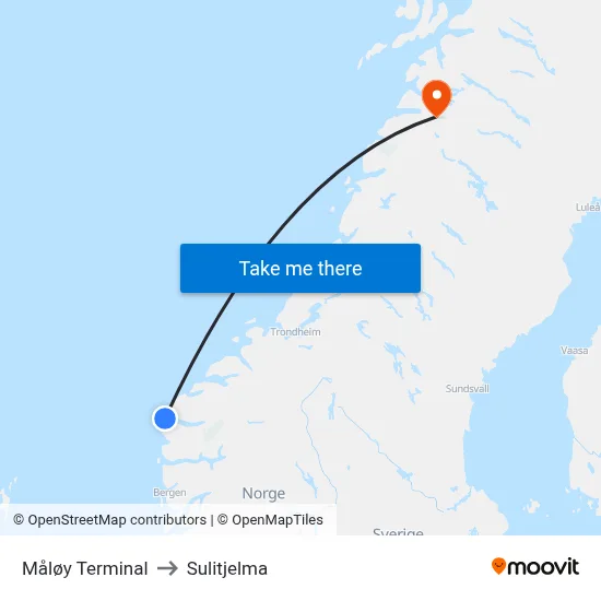 Måløy Terminal to Sulitjelma map