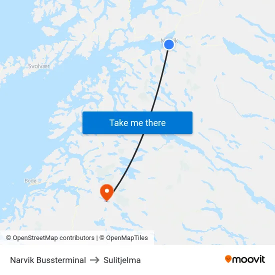 Narvik Bussterminal to Sulitjelma map